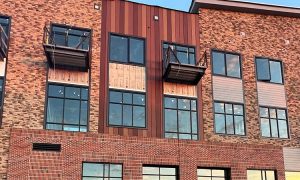 Varied, orange brick veneer on apartment building